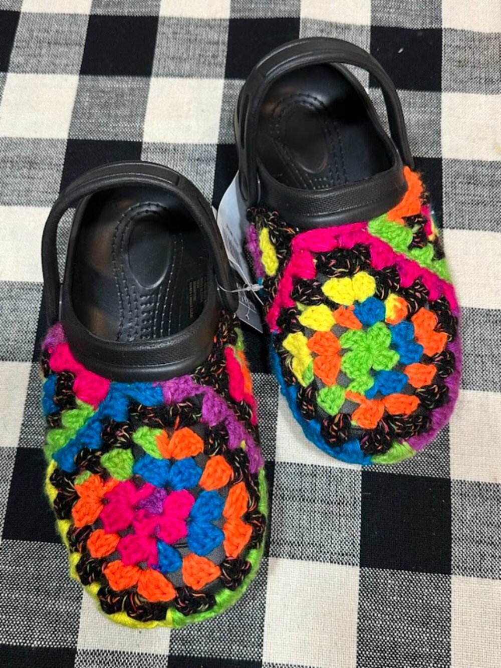 Custom crochet covered faux Crocs, Neon Granny Square Pattern  Unisex M4/W6 NEW